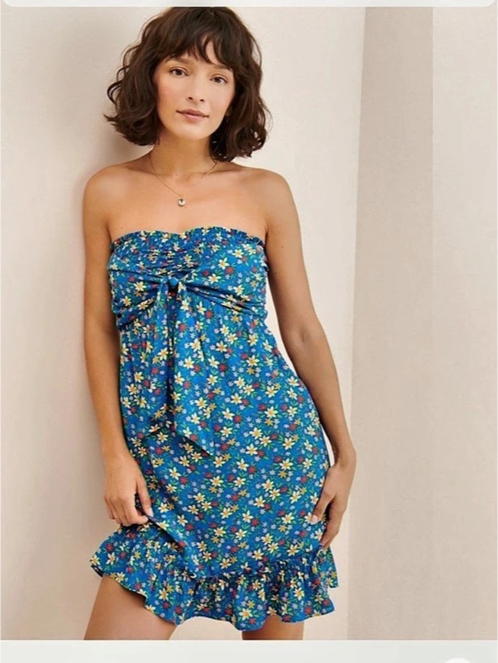 Rays for Days Anika Floral Mini Dress in Blue & Yellow XS